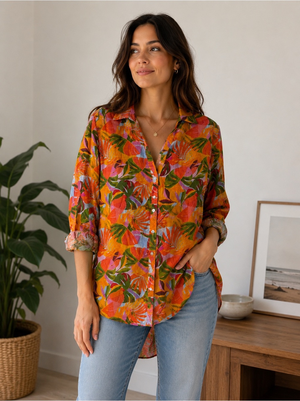 C&C California 100% Linen Tropical Button Front Shirt Orange Medium Summer Beach